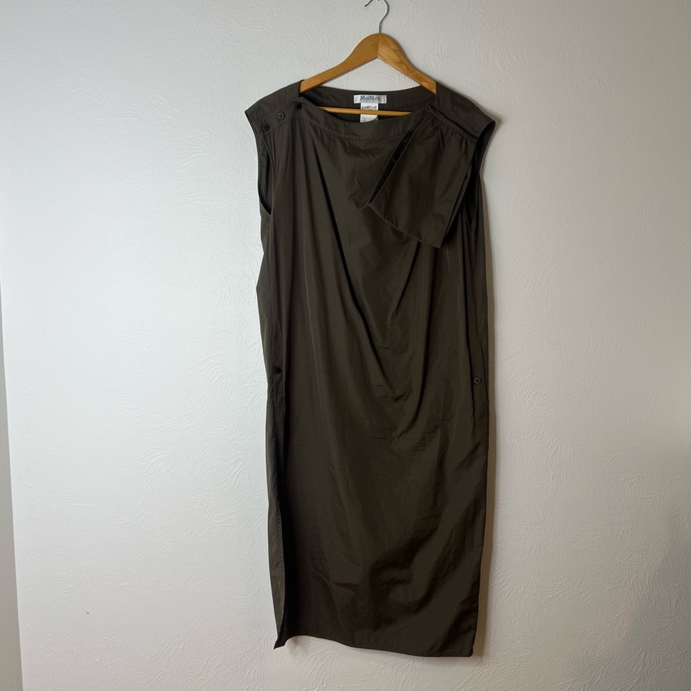 MaxMara Cotton Shift Dress Olive Green Sleeveless Italy Midi Lined Size 14